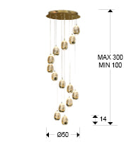 Medidas de Lámpara de Techo Cascada Rocío de Schuller (Rocío) en color Dorado y Cristal Champán con 14 luces en espiral - Ref 785648D.