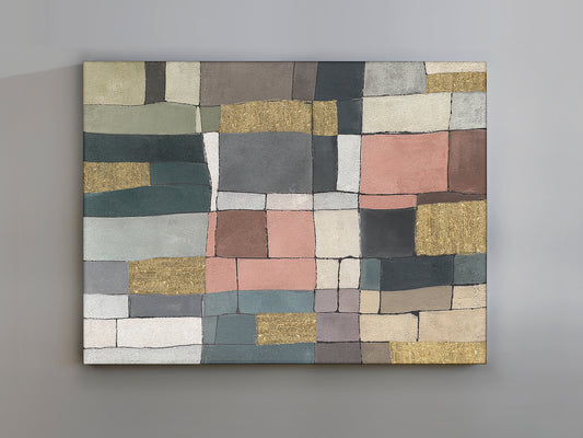 Cuadro Abstracto Zonas 120x160 cm Acrílico con Aplicaciones Doradas Schuller en ambiente decorado | Schuller