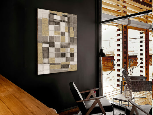 Cuadro Abstractio Pintura Acrílica 100x130 cm con Aplicaciones Doradas Schuller en ambiente decorado | Schuller