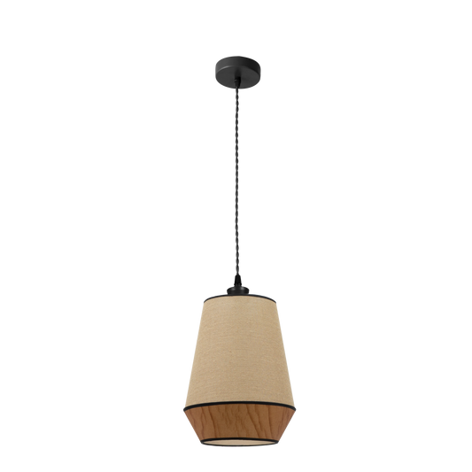 Lámpara colgante fabricada en metal y textil color saco/marrón/negro
