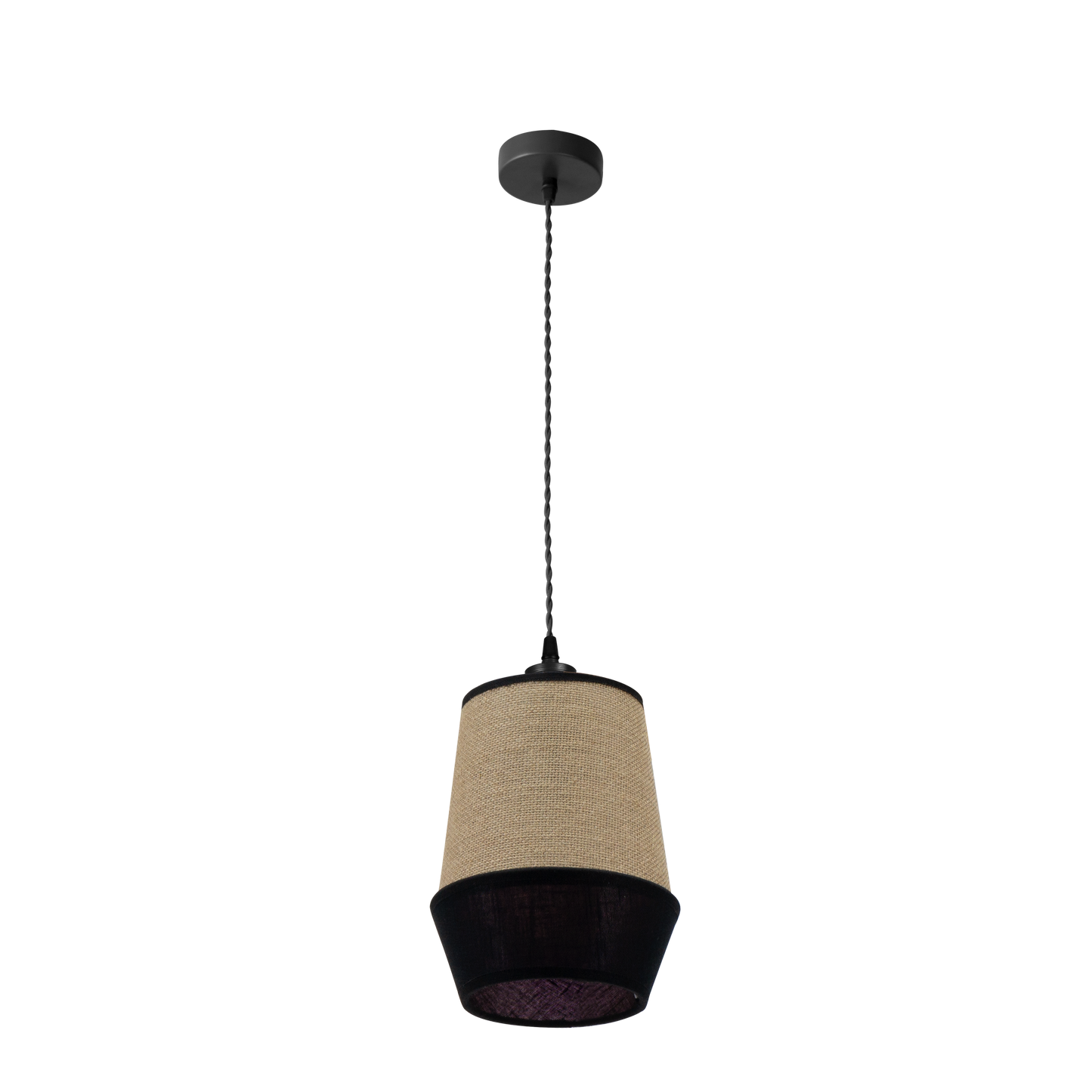 Lámpara colgante hecha en textil color saco y negro, ideal para interiores