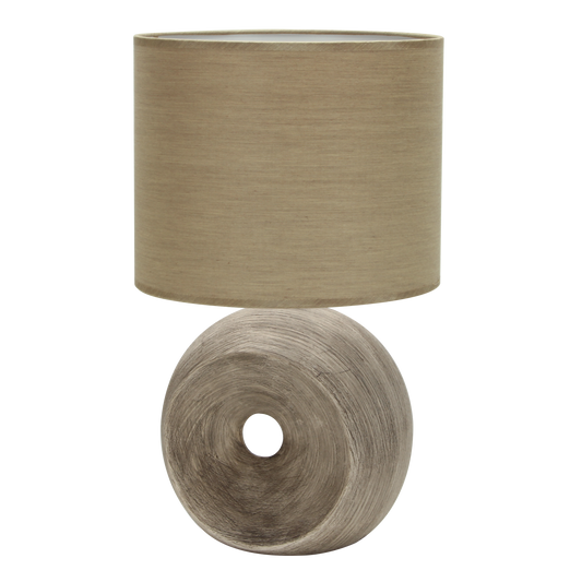 Lámpara hecha en cerámica color beige con pantalla textil, ideal para salones