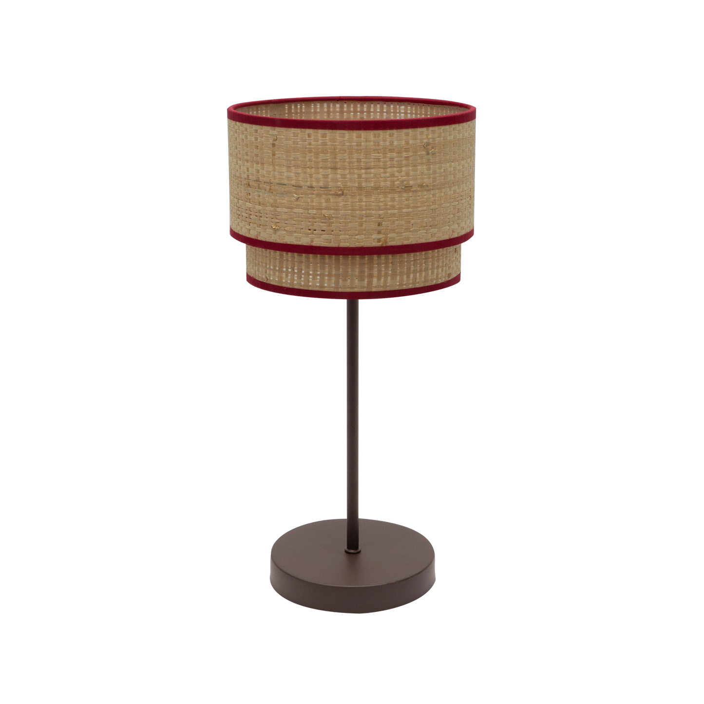 Lámpara Roque fabricada en textil color natural y rojo, ideal para iluminación ambiental suave