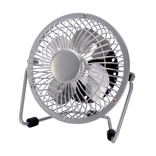 Mini ventilador Bulerias Cromo de Fabrilamp, vista frontal, diseño metálico, puerto USB.