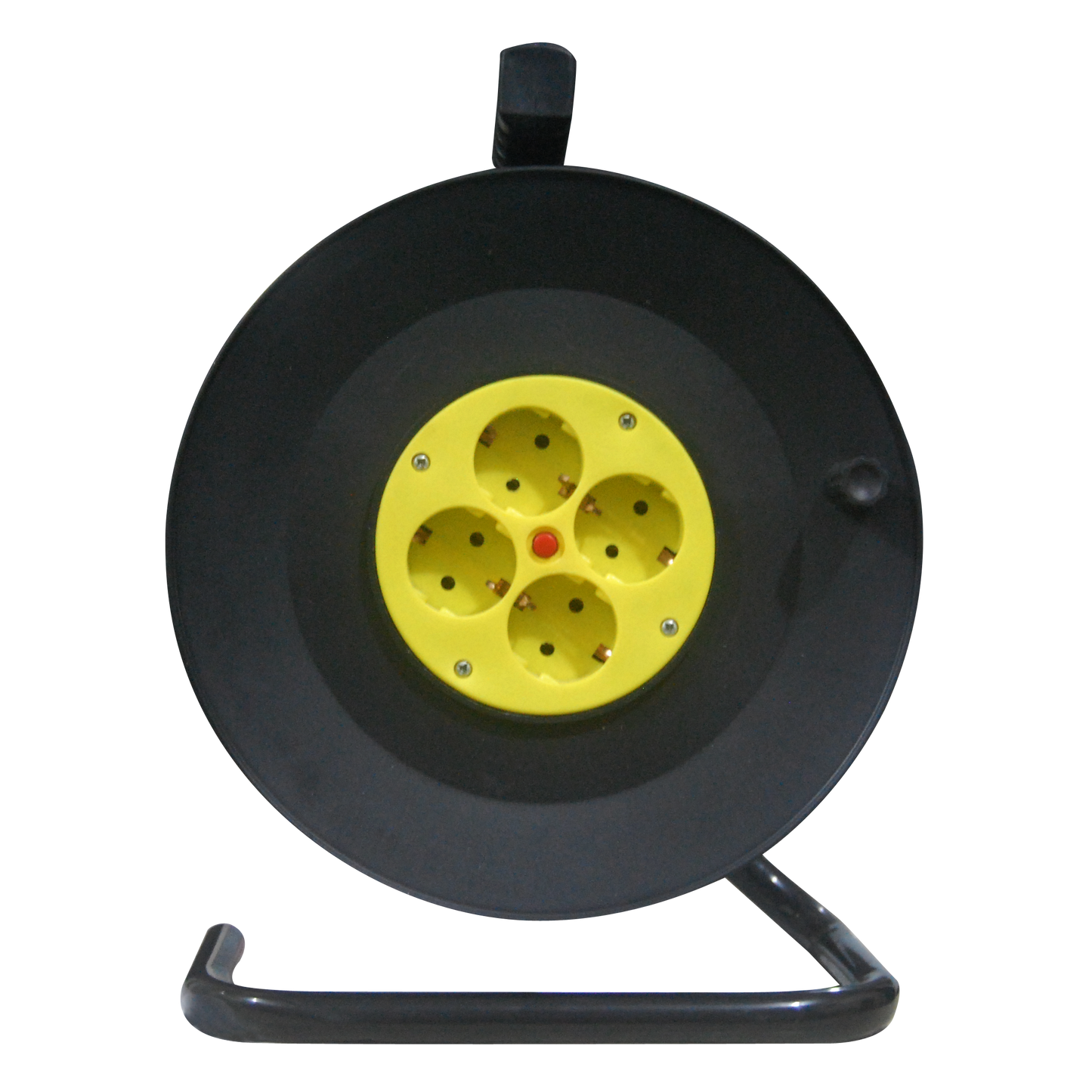 Enrollacable 4 enchufes Fabrilamp, 15 metros de cable de cobre, termostato de seguridad, vista frontal.