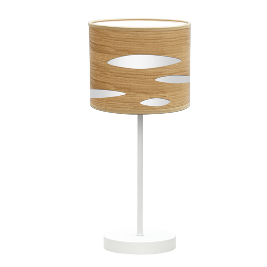 Lámpara Odra fabricada en metal y textil color madera clara y blanco, ideal para dormitorio