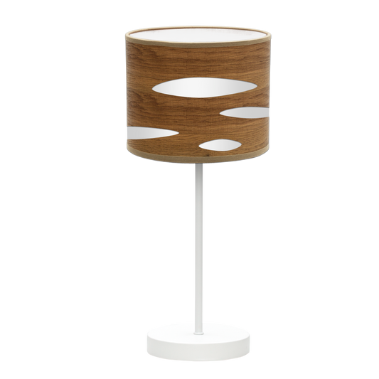 Lámpara Odra fabricada en metal color blanco con pantalla textil en madera oscura y blanco