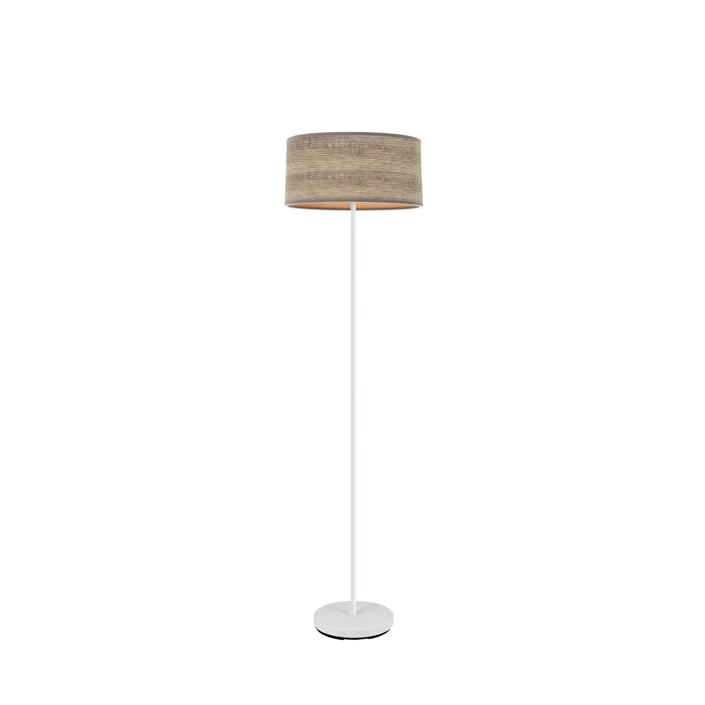 Lámpara de pie Jerte fabricada en metal color blanco y pantalla textil madera gris