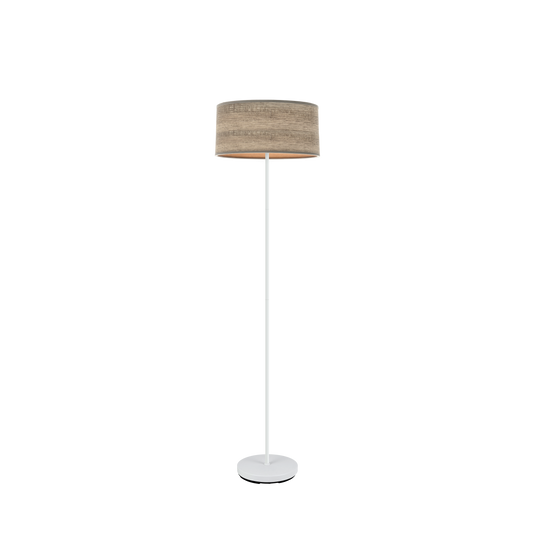 Lámpara de pie Jerte fabricada en metal color blanco y pantalla textil madera gris