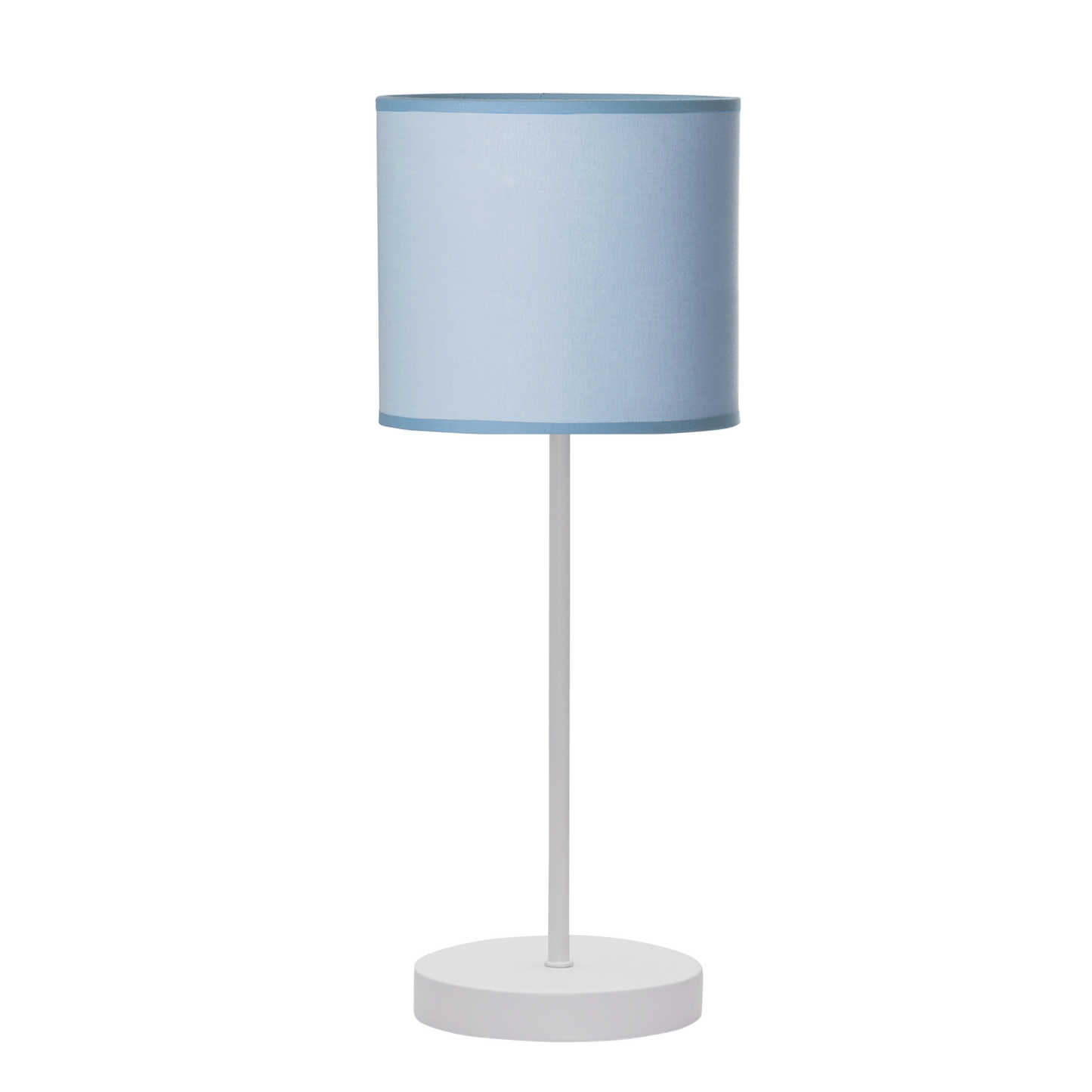 Sobremesa Ibor fabricada en metal color blanco y pantalla textil azul, ideal para iluminar la habitación infantil