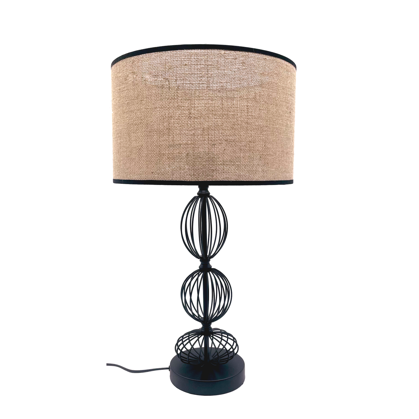 Sobremesa Fionn fabricada en metal color negro y textil beis, ideal para dormitorio