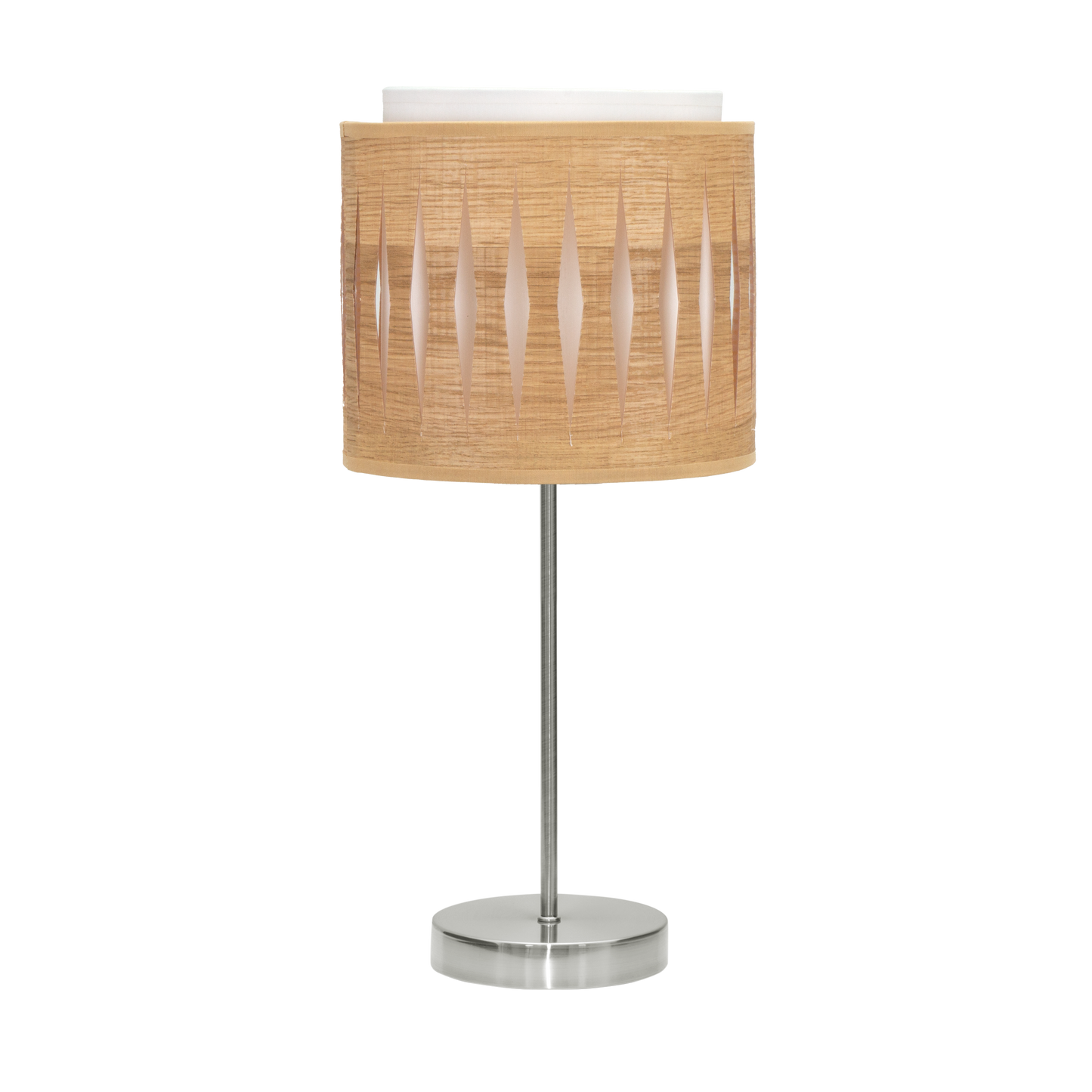 Lámpara Alexandra fabricada en metal y textil color níquel y madera clara, ideal para mesita de noche