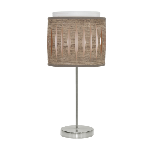 Lámpara Alexandra fabricada en metal color níquel y textil madera gris
