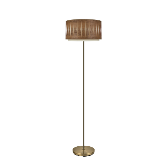 Lámpara de pie Alexandra fabricada en metal color cuero y textil color madera oscura