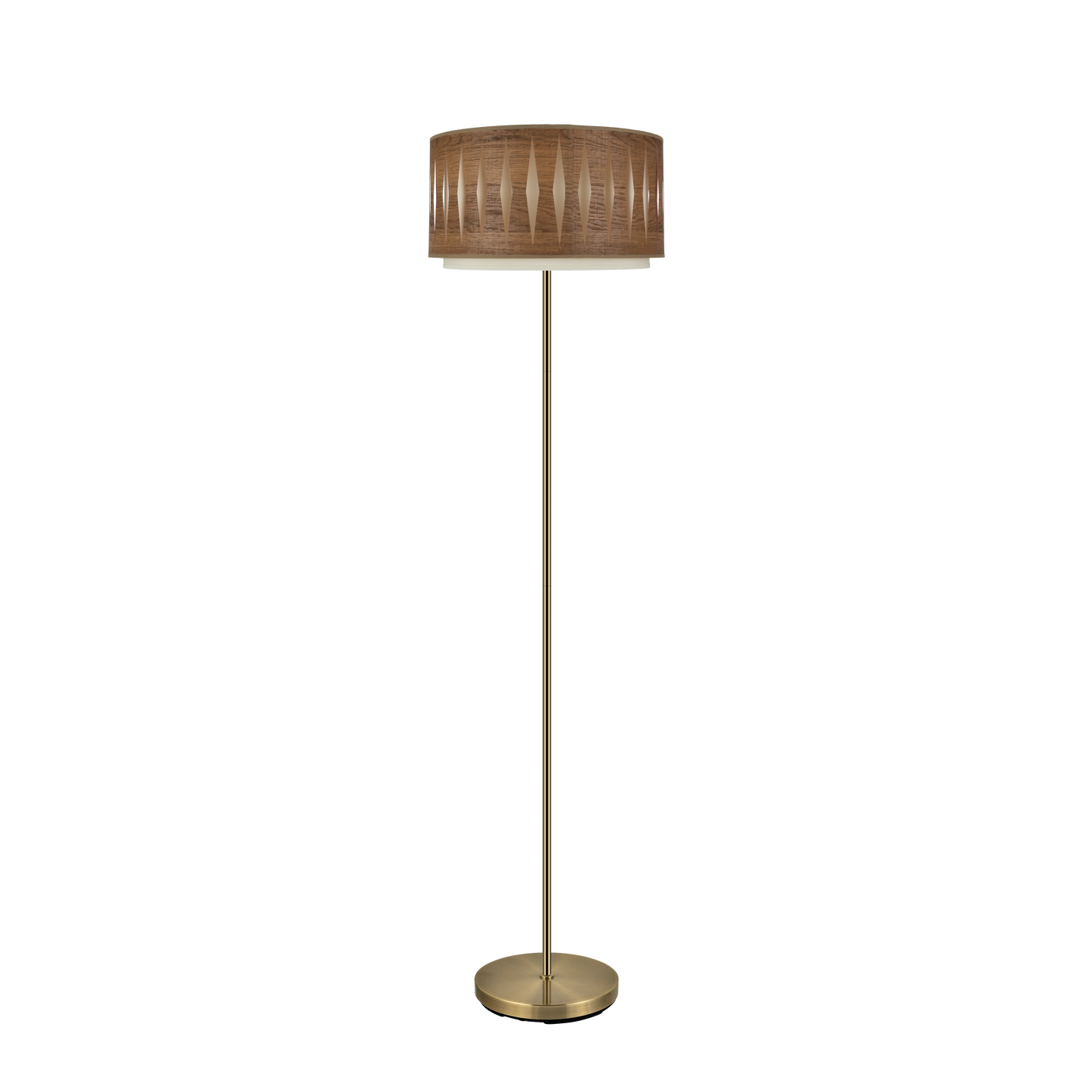 Lámpara de pie Alexandra fabricada en metal color cuero y textil color madera oscura