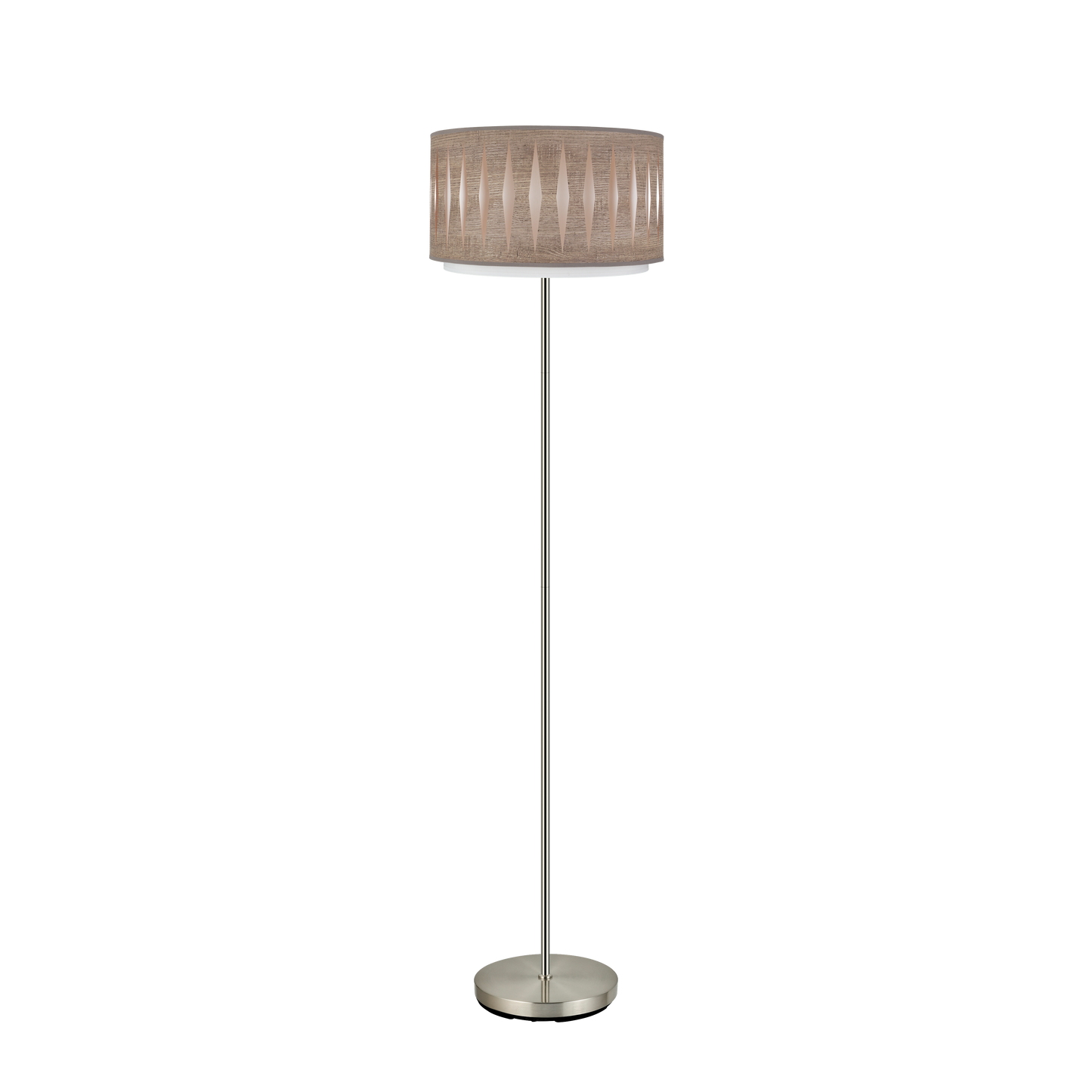 Lámpara de pie Alexandra fabricada en metal color níquel y textil madera gris