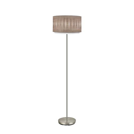 Lámpara de pie Alexandra fabricada en metal color níquel y textil madera gris