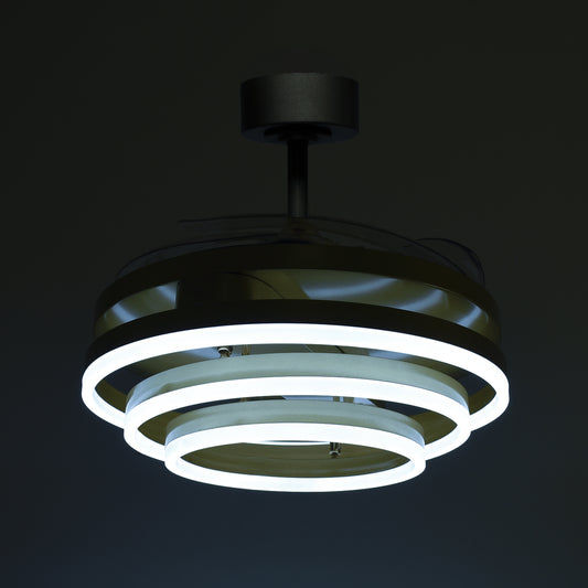 Detalles del Ventilador de Techo con Luz LED BELAIR SFERA B-28500GL Oro - Interlusa LUZGURÚ: 4 aspas retráctiles, 72W, 6480 lm, 108cm, 3 temperaturas de color (3000K-6000K), mando a distancia incluido.