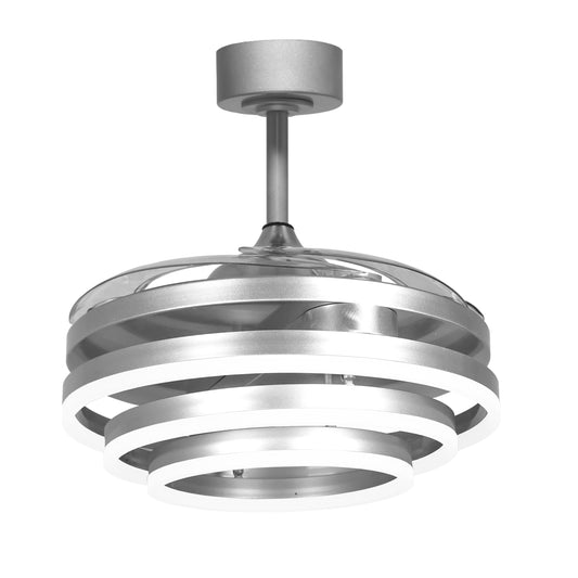 Detalles del Ventilador de Techo LED Belair Sfera B-28500SL de Interlusa: 108cm, níquel, 6480lm, 3 temperaturas de luz (3000K/4000K/6000K), 4 aspas retráctiles, mando a distancia, 72W. Luzgurú.