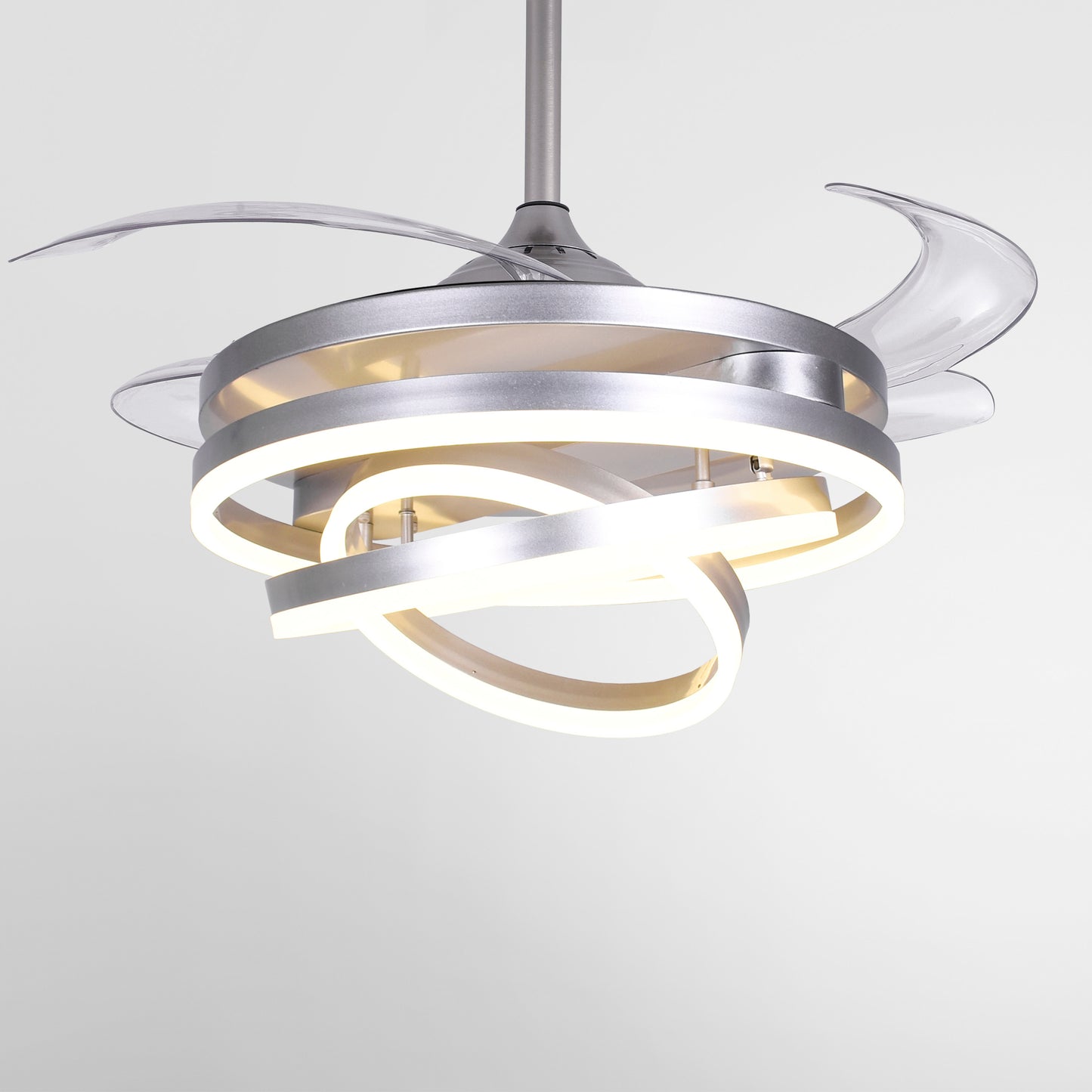 Detalles del Ventilador de Techo LED BELAIR SFERA B-28500SL de Interlusa: Niquel, 108cm, 4 aspas retráctiles, 72W, 6480lm, 3000-4000-6000K, mando a distancia, modo verano/invierno. Luzgurú.