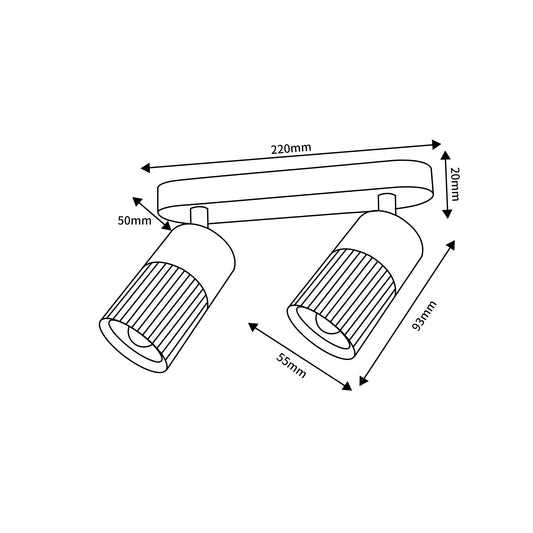 Medidas Regleta de 2 focos GU10 de Muñoz e Hijos (focos 70p) en color negro y oro mate, con focos orientables - Ref 70P207.