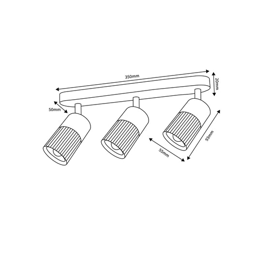 Medidas Regleta de 3 focos GU10 de Muñoz e Hijos (focos 70p) en color negro y oro mate, con focos orientables - Ref 70P307.