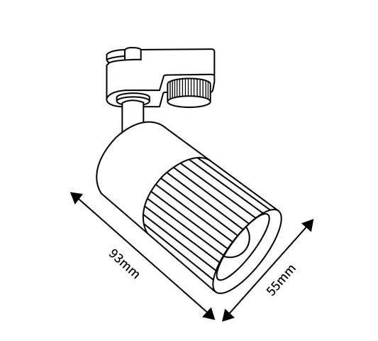Medidas Foco de carril monofásico GU10 de Muñoz e Hijos (focos 70p) en color negro y oro mate con diseño estriado en la base - Ref 70T107.