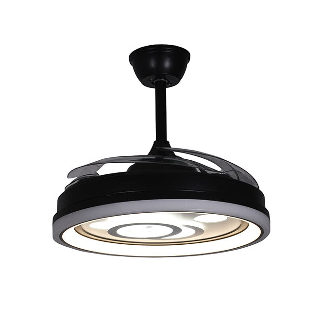 Detalles del Ventilador de Techo LED BELAIR DAFNE Negro (Ref: F-1017) de Interlusa: 4 aspas retráctiles, 108cm, 72W LED, 3000-4000-6000K, mando a distancia, modo verano/invierno. Luzgurú.
