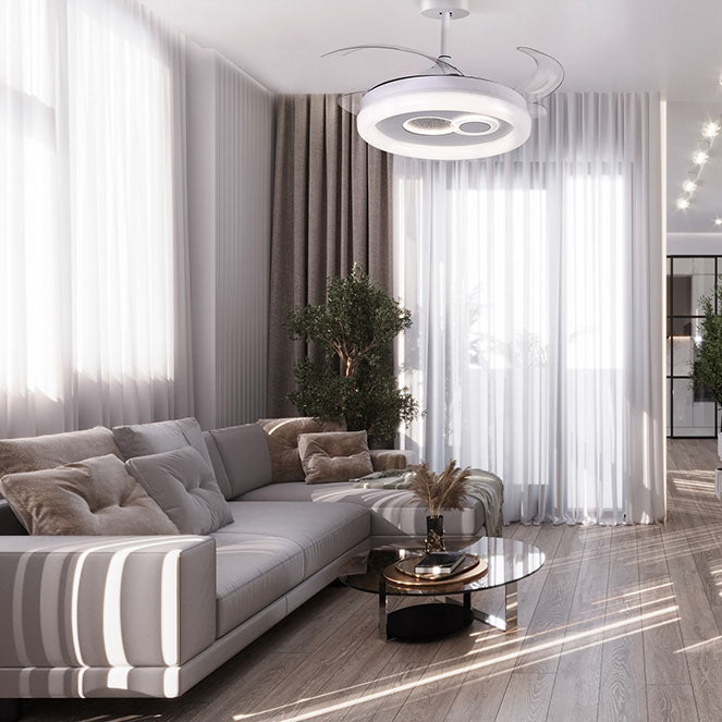 Detalles del Ventilador de Techo LED Belair Hermes F-1030 de Interlusa: Diseño blanco, 4 aspas retráctiles, 108W, luz LED ajustable 3000-4000-6500K, mando a distancia, temporizador, 108cm diámetro. #Interlusa #Belair #Hermes #VentiladorTecho #LED #LuzAjustable #F1030