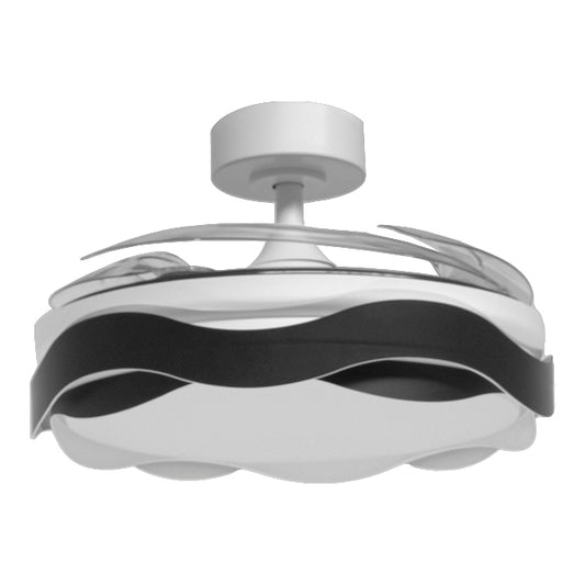 Detalles del Ventilador de Techo LED Belair Ondas F-1039 BK de Interlusa: 4 aspas retráctiles, 72W, 6480 lúmenes, 3000-6000K, mando a distancia, 108cm, blanco/negro. Luzgurú.