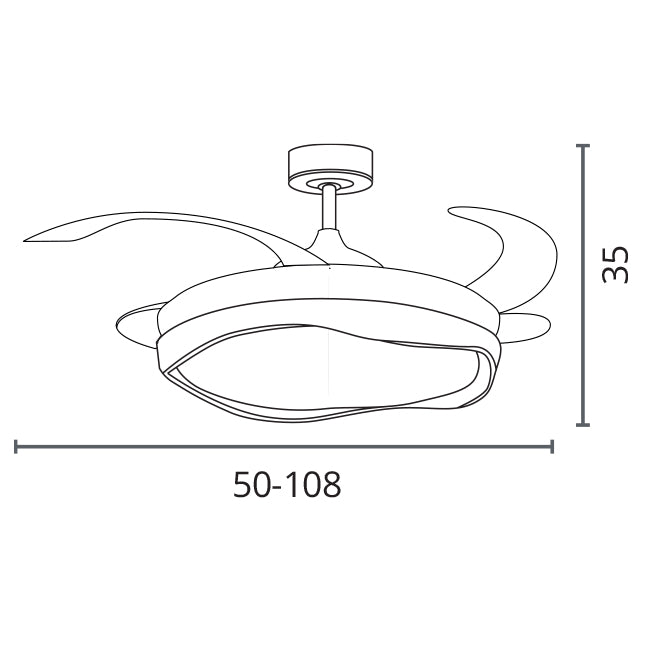 Detalles del Ventilador de Techo LED Belair Almati F-1045 BK de Interlusa: 108cm, 72W, 6480lm, 3000-6000K, 4 Aspas Retráctiles, Negro/Oro, LuzGurú