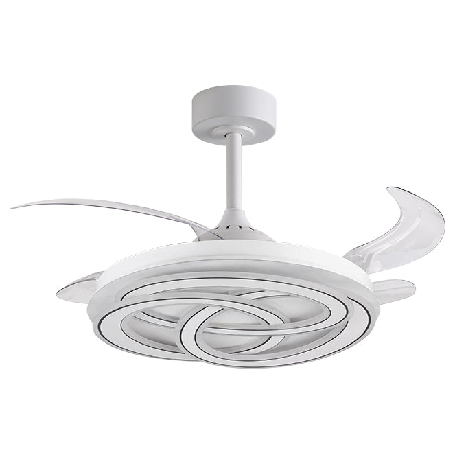 Detalles del Ventilador de Techo LED Belair NUDOS F-1070 de Interlusa: 108cm, 16000 lm, 4 aspas retráctiles, mando a distancia, 200W LED (3000K/4000K/6000K), silencioso, blanco/blanco. Luzgurú.