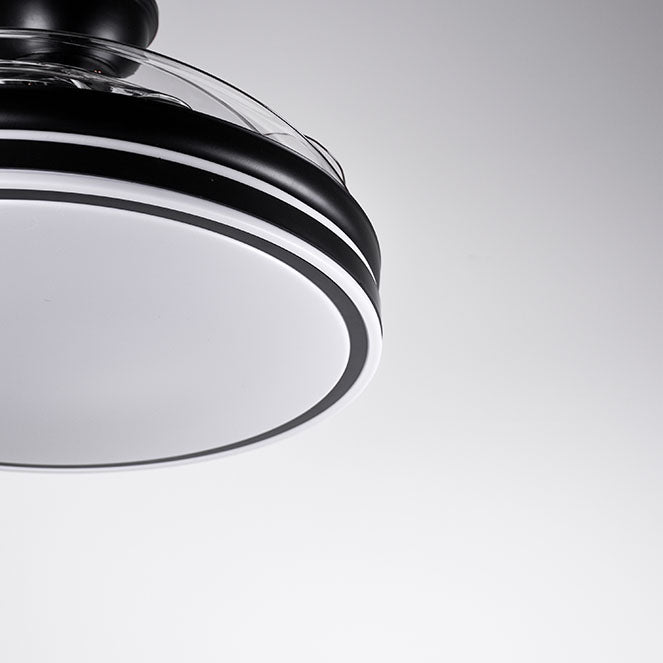 Detalles del Ventilador de Techo LED BELAIR ASGARD F1006 de Interlusa: 108cm, 6480 lúmenes, 6 velocidades, 4 aspas retráctiles, negro, mando a distancia, luz regulable 3000K/4000K/6000K. Luzgurú.