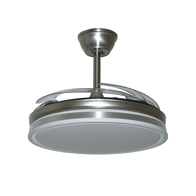 Detalles del Ventilador de Techo LED Belair Asgard F1018 de Interlusa: Aspas retráctiles, motor DC silencioso, luz LED regulable 72W (3000K-6000K), 108cm diámetro, niquel, mando a distancia, Luzgurú.