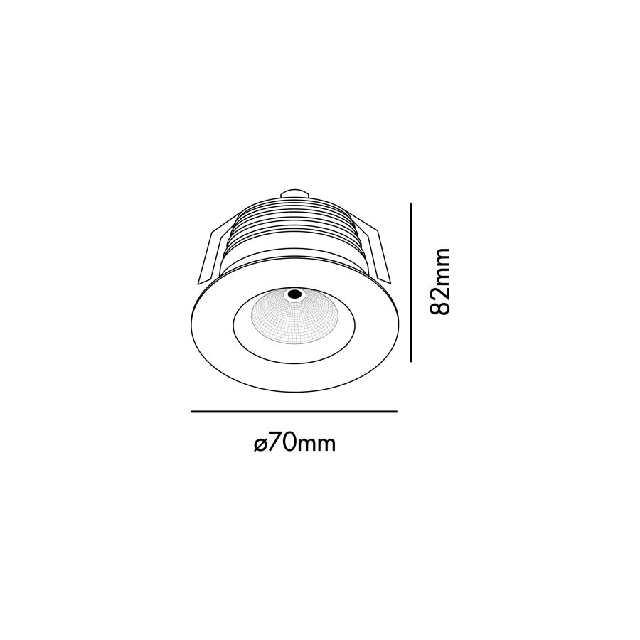 Diagrama de dimensiones de luz empotrable CLEAR FARO LED 7W 3000K blanco IP65 para interiores, gimnasios y vestuarios