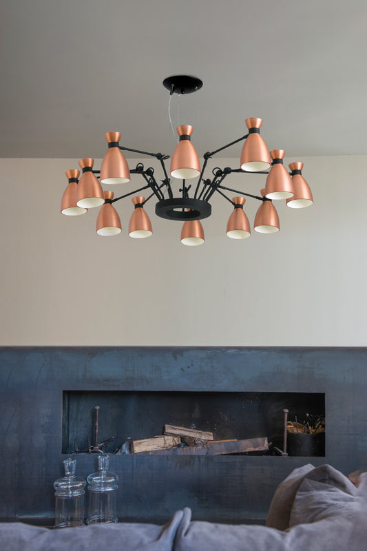 Luminaria colgante RETRO 12L en cobre mate de FARO (20047) en ambiente interior vintage, iluminación residencial con 12 luces E14 LED suspendida del techo