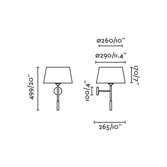 Medidas detalladas del applique de pared Windsor con lector en negro mate y gris de FARO, modelo 20223-129, luminaria de superficie para iluminación ambiente y de lectura interior en acero textil, colección 2022.