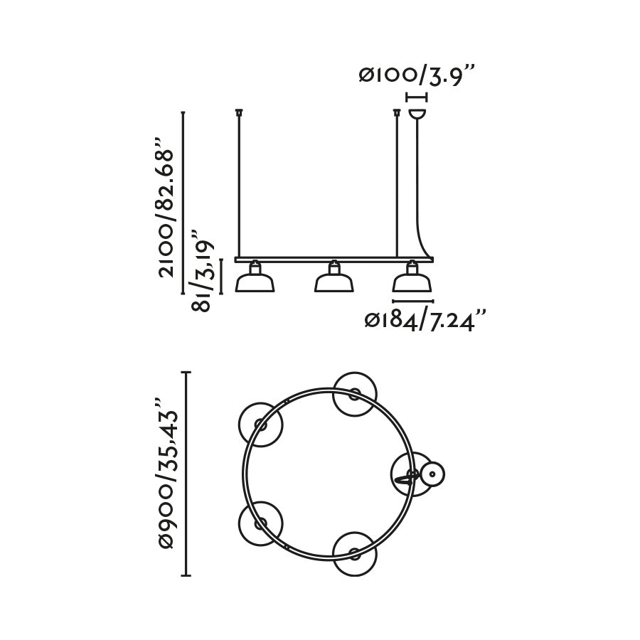 Medidas detalladas de la lámpara colgante TATAWIN S Metal 5L Circular en blanco de la colección 2047 por FARO, luminaria de suspensión en acero con diseño clásico, 5 bombillas E27 LED para interior con luz focal (modelo 20343-142-5L).