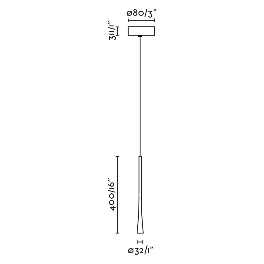 Diagrama de medidas y dimensiones de la lámpara colgante DIANA 400 negra de FARO (modelo 22005), diseño minimalista en aluminio con iluminación de acento SMD LED interior a 2200K, suspensión para iluminación moderna.