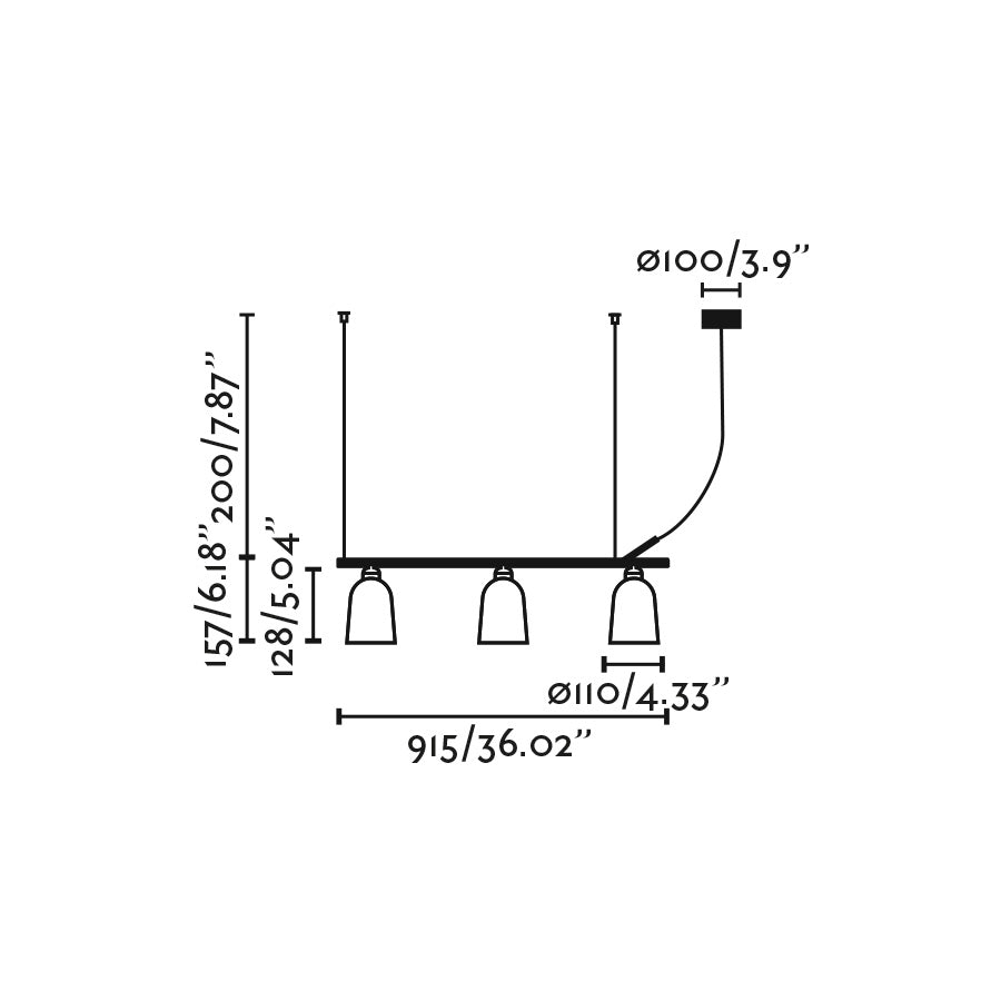 Diagrama de medidas de la Luminaria Colgante Lineal STUDIO en blanco de FARO modelo 28267, diseño minimalista en acero con suspensión LED para interior, ideal para hogar y oficina