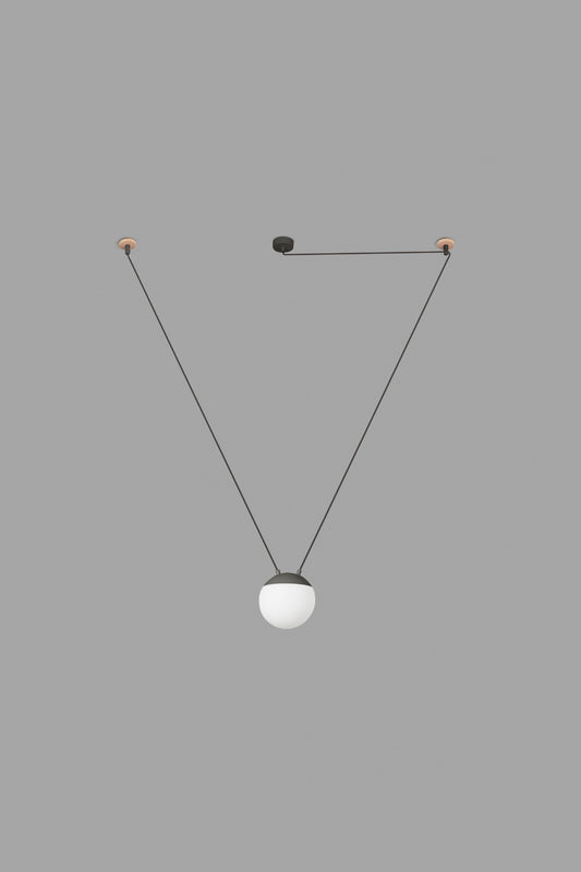 Lámpara colgante MINE SPACE gris oscuro 1L de FARO modelo 28376-1L en ambiente interior residencial, diseño Nahtrang con aluminio y cristal opal, luminaria de suspensión para iluminación LED E27 moderna