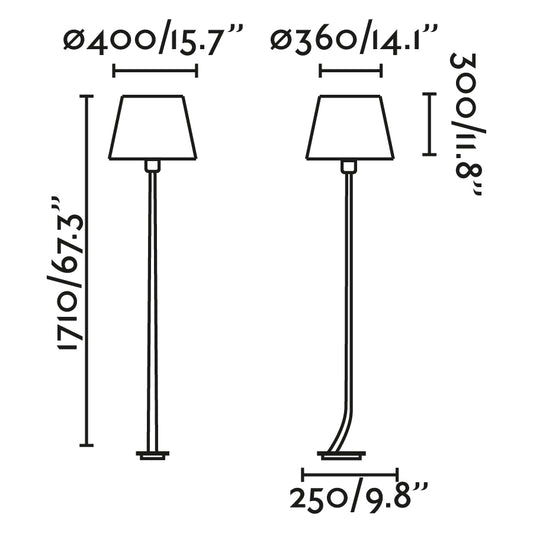 Diagrama de medidas de la lámpara de pie REM en oro viejo y blanco de FARO, modelo 29687-07, diseño atemporal para iluminación interior residencial y hotelera