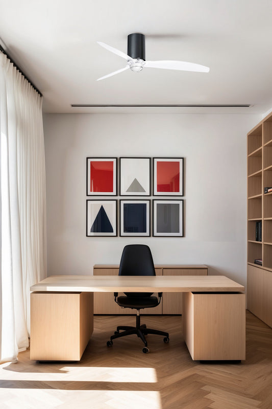 Ventilador de techo con luz LED Mini Tube Fan M negro brillo FARO 32040WW-10 en ambiente moderno, ventilación eficiente con motor DC, mando a distancia y SMD LED transparente