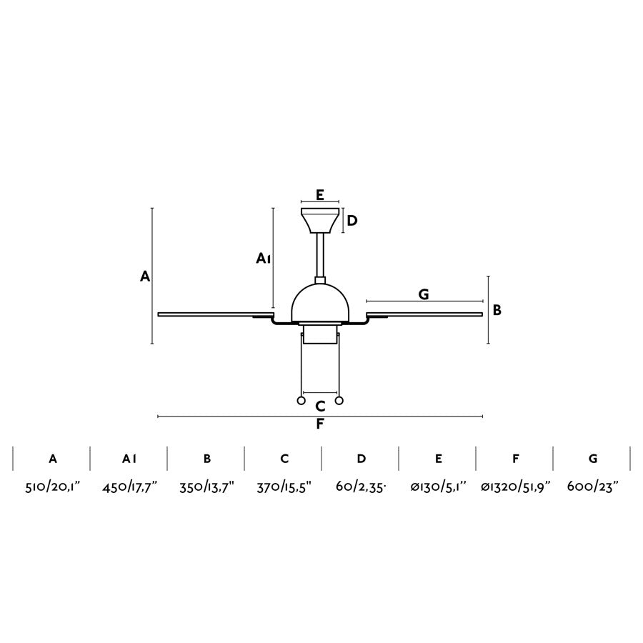 Ventilador de techo Cuba L marrón modelo 33352 de FARO, medidas detalladas con diámetro 142 cm para techos inclinados, ventilación eficiente sin luz en habitaciones grandes, 3 velocidades y función inversa.