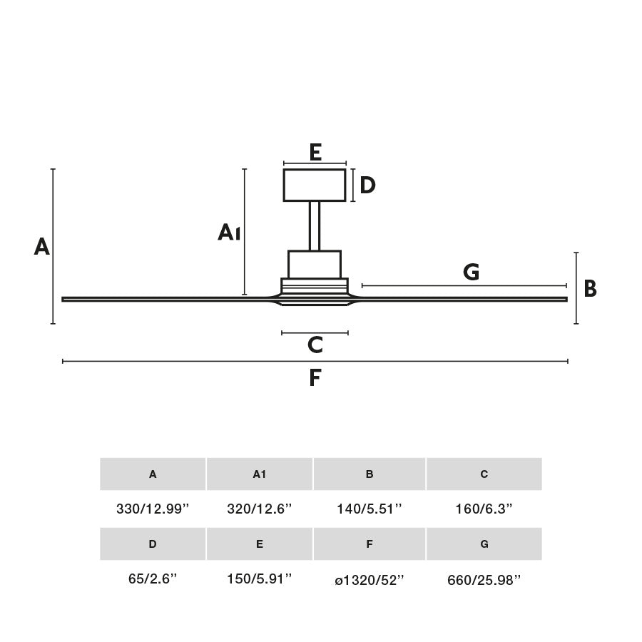 Diagrama de medidas del Ventilador de Techo LANTAU L Níquel Mate/Pino FSC de FARO 33373DCWW, sin luz, motor DC, mando a distancia, función inversa para techos inclinados y ventilación eficiente.