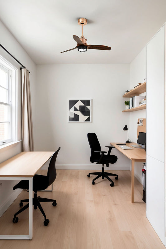 Ventilador de techo con luz LED JUST FAN S en acabado cobre y nogal, modelo FARO 33423WW-10, en ambiente de hogar moderno con ventilación eficiente, motor DC y mando a distancia.