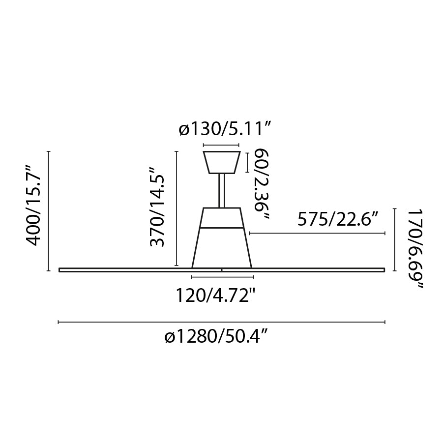Dimensiones del ventilador con luz LED TYPHOON M Blanco WIZ IP44 FARO 33480WW-14, medidas de instalación para techo con motor DC y mando a distancia