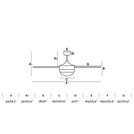Diagrama de medidas detalladas del ventilador de techo con luz ICARIA L Marrón de FARO (modelo 33702-110), dimensiones en acero y plywood para techos inclinados, ventilación eficiente con mando a distancia, colección 3300