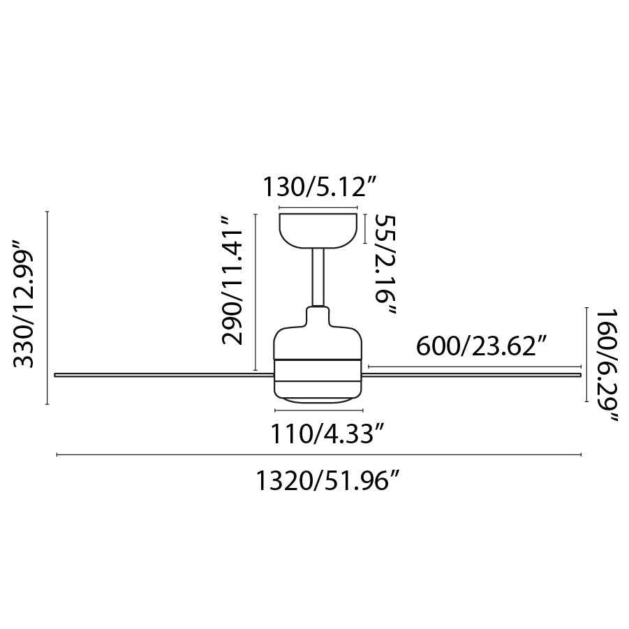 Diagrama de medidas del ventilador de techo con luz LED NUU L blanco mate FARO 33722WW, dimensiones de aspas, altura ajustable para techos inclinados, motor DC de 6 velocidades e iluminación LED integrada