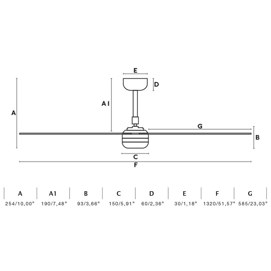 Medidas del ventilador de techo PUNT M Negro/Nogal FARO 33817: diámetro de aspas 132 cm, altura total 28 cm, compatible con techos inclinados y motor DC eficiente para ventilación en hogares medianos sin luz.